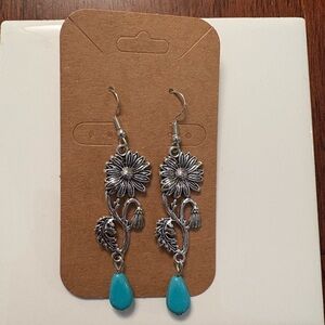 Silver Floral Earrings with Turquoise Accents
